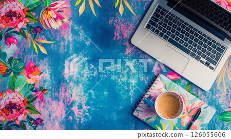 Colorful workspace with laptop and coffee 126955606