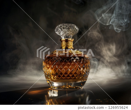 Luxury in motion: shimmering gold glitter accents on a sleek perfume flacon, designed to captivate in advertisements Luxury in motion: shimmering gold glitter accents on a sleek perfume flacon, designed to captivate in advertisements 126955624