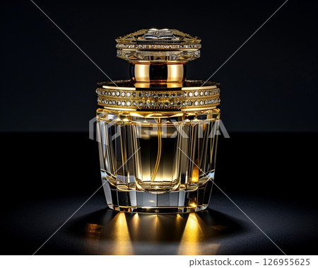 A dazzling perfume bottle adorned with gold glitter, radiating elegance for a high-end fragrance campaign 126955625