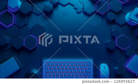 Futuristic gaming configuration with hexagonal design, blue background 126955627