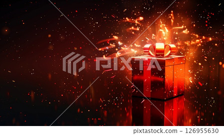 A vibrant red gift box bursting open with swirling gold particles, set against a clean backdrop for bold promotional messaging 126955630