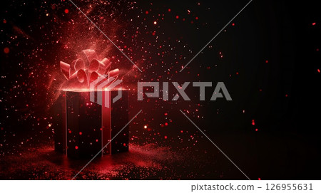 Exploding red gift box with gold particles, background with copy space 126955631