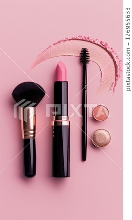 Beauty must-haves on display: precision brush, bold lip color, lash-defining mascara, and shimmering eyeshadow pop against pastel pink 126955633