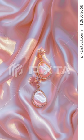 Luxurious pearl drop earrings resting on soft pink fabric 126955659