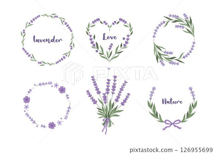 Floral frames from lavender flowers set isolated on white background. Vector graphics. Floral frames from lavender flowers set isolated on white background. Vector graphics. 126955699