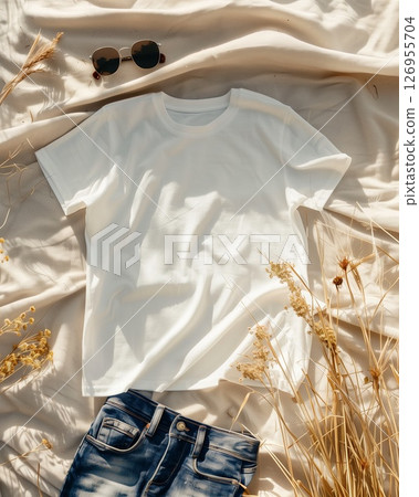 T-shirt mockup with jeans and a t-shirt on the bed 126955704