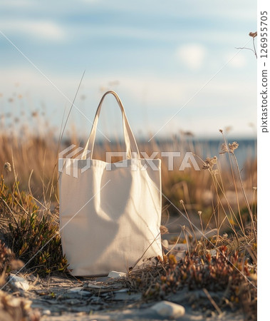 Mockup of an elegant cotton tote bag on the beach 126955705