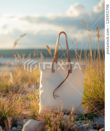 Exquisite cotton tote bag design in a beach setting Exquisite cotton tote bag design in a beach setting 126955706