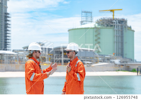 Petroleum workers, LNG tank inspection, Onshore Gas Site surveyor team, Oil Petrochemical industry 126955748