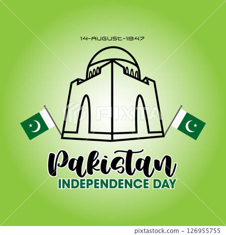 Pakistan Independence Day Vector Design with Mazar-e-Quaid and Flags 126955755
