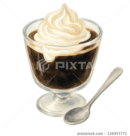 Watercolor illustration of coffee jelly with whipped cream 126955772