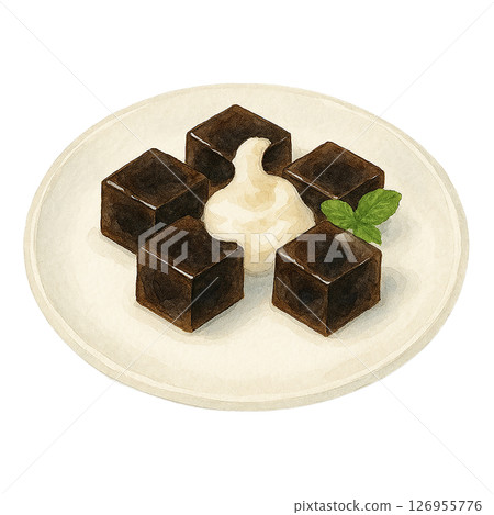 Watercolor illustration of cubed coffee jelly and whipped cream served on a white plate 126955776