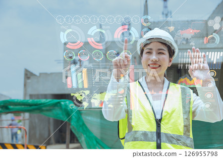 Happy construction engineer overlay infographic graph chart, Future information business intelligent Happy construction engineer overlay infographic graph chart, Future information business intelligent 126955798