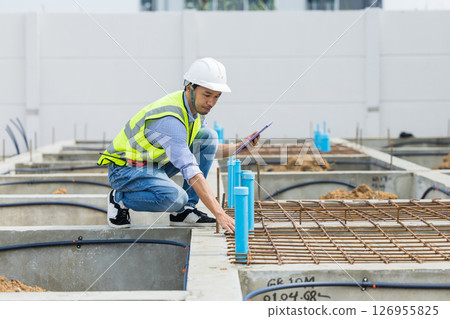Asian construction engineer, Japanese builder worker male working inspecting footing house building. 126955825