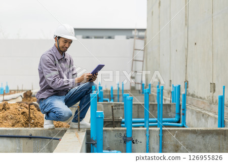 Asian construction engineer, Japanese builder worker male working inspecting footing house building. 126955826