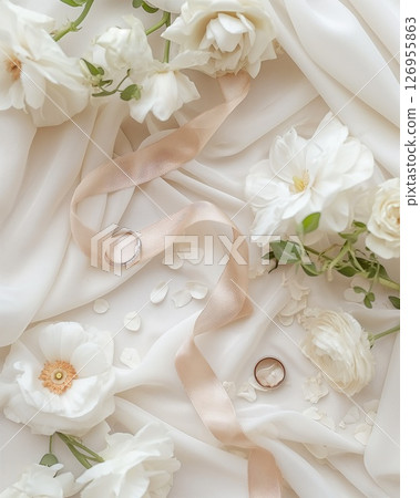 Wedding rings with white flowers and ribbon Wedding rings with white flowers and ribbon 126955863