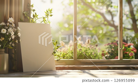 Sunny window with flowers and a blank canvas ready for design Sunny window with flowers and a blank canvas ready for design 126955899