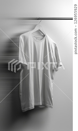 Clean white shirt laid flat on a wooden table, perfect for adding graphics or text 126955929