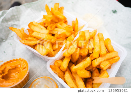 Eating French fries in Liège 126955981