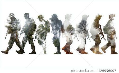 The muted tread of wanderers fades into the haze of the forest 126956007