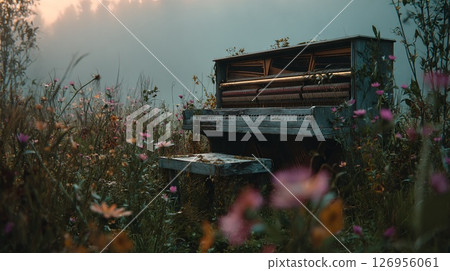 An old, weathered piano sits amidst a field of colorful wildflowers at dawn 126956061