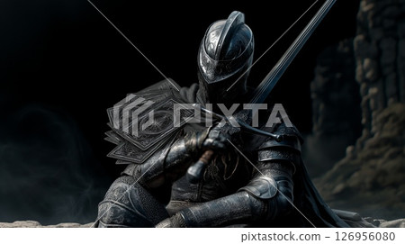 Knight resting with sword and cards 126956080