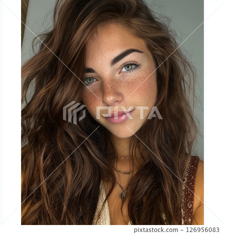 Young woman with wavy brown hair 126956083