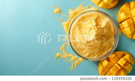 Gluten free mango fruit flour on white bowl healthy ingredient and blue background 126956100