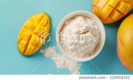 Gluten free mango fruit flour on white bowl healthy ingredient and blue background 126956101