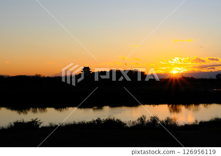 Sunset over Sekijuku Castle and Mount Fuji as seen from the Eight Views of Mount Fuji in Kanto Sunset over Sekijuku Castle and Mount Fuji as seen from the Eight Views of Mount Fuji in Kanto 126956119