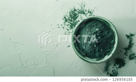Spirulina flour green algae on bowl top of view for natural ingredient 126956185