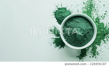 Spirulina flour green algae on bowl top of view for natural ingredient 126956187