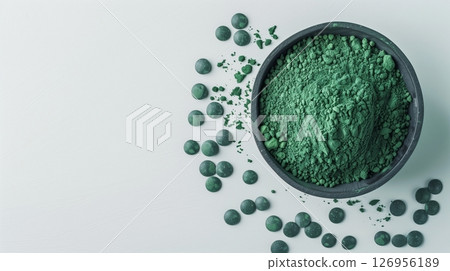 Spirulina flour green algae on bowl top of view for natural ingredient 126956189