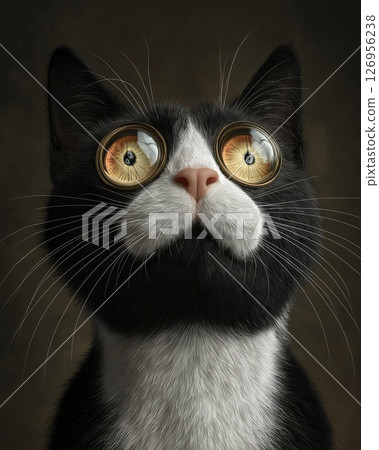 Black and white cat with golden round eyes that look like glasses 126956238