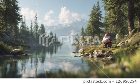 Gnome stands by a peaceful lake 126956254