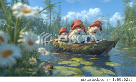 Gnomes in a boat on a lake 126956255