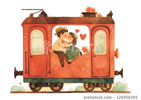 Vintage love blooms in a whimsical train ride, capturing hearts with a nostalgic kiss 126956305