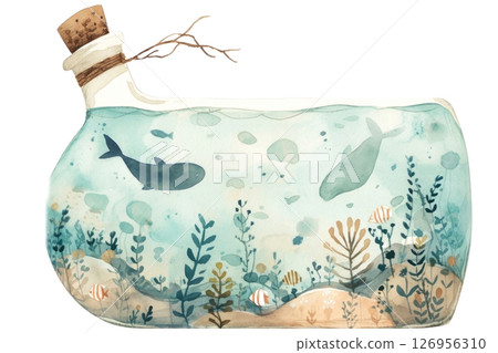 Dreamy watercolor of ocean life captured in a bottle, featuring gentle whales and vibrant marine plants 126956310