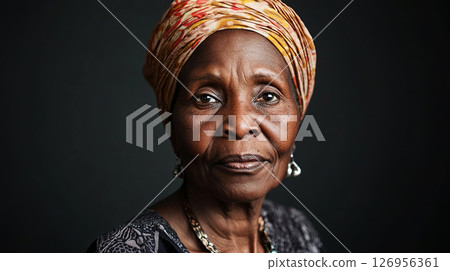 Elderly woman with colorful head wrap, expressing wisdom and grace through her deep-set eyes 126956361