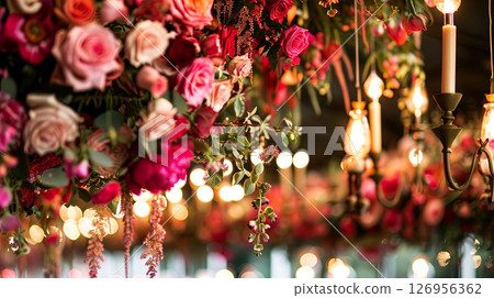 Dreamy floral scene, an explosion of pink and red roses illuminated by soft candlelight 126956362
