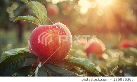A fresh, dewy peach basks in the warm glow of sunlight, capturing the essence of summer harvest 126956363