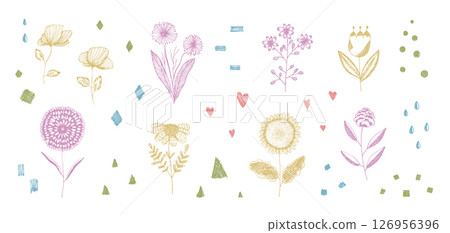 Cute colorful doodle set of hand drawn whimsical vector floral elements. Funny outline flowers, herbs and scribbles illustration for clipart design, pattern, greeting card decor, icons, stickers Cute colorful doodle set of hand drawn whimsical vector floral elements. Funny outline flowers, herbs and scribbles illustration for clipart design, pattern, greeting card decor, icons, stickers 126956396