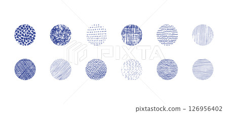 Set of isolated vector blue grunge hitting and stroking textured ink pen round shapes. Unique squiggle scratched hand drawn curve texture circles collection for graphic design, patterns 126956402