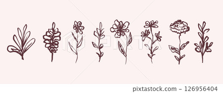Set of elegant hand drawn linear sketch textured dark maroon red flowers. Delicate outline ink drawing one line art floral elements for women poster and feminine greeting card design, logo, sticker Set of elegant hand drawn linear sketch textured dark maroon red flowers. Delicate outline ink drawing one line art floral elements for women poster and feminine greeting card design, logo, sticker 126956404