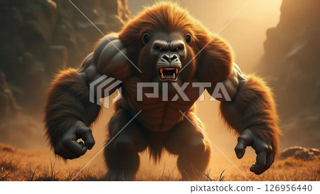Muscles taut and eyes burning like embers, a wrathful silverback dominates the sun-streaked jungle clearing 126956440