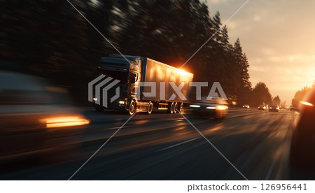 Truck on the highway driving at sunset, with motion blur, travel concept 126956441