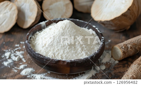 Cassava root flour gluten free on wooden bowl for healthy bread 126956482