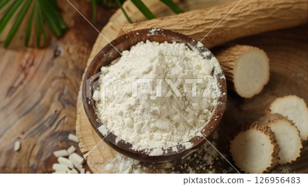 Cassava root flour gluten free on wooden bowl for healthy bread 126956483