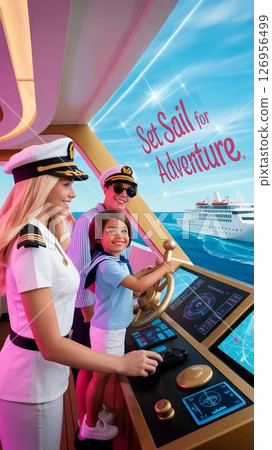 Family steering ship with Barbie for bright ocean adventures Family steering ship with Barbie for bright ocean adventures 126956499