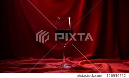 Elegant wine glass on rich red fabric, advertising concept Elegant wine glass on rich red fabric, advertising concept 126956532